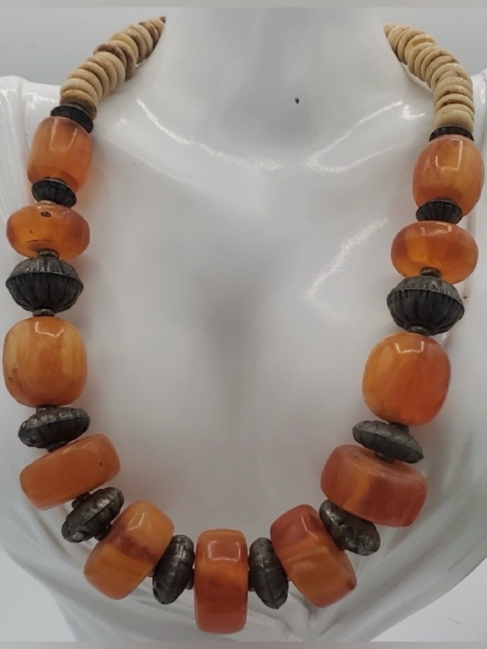 Vintage Ethnic Amber?, carved Bone, ribbed silver saucer beads Barrel Necklace